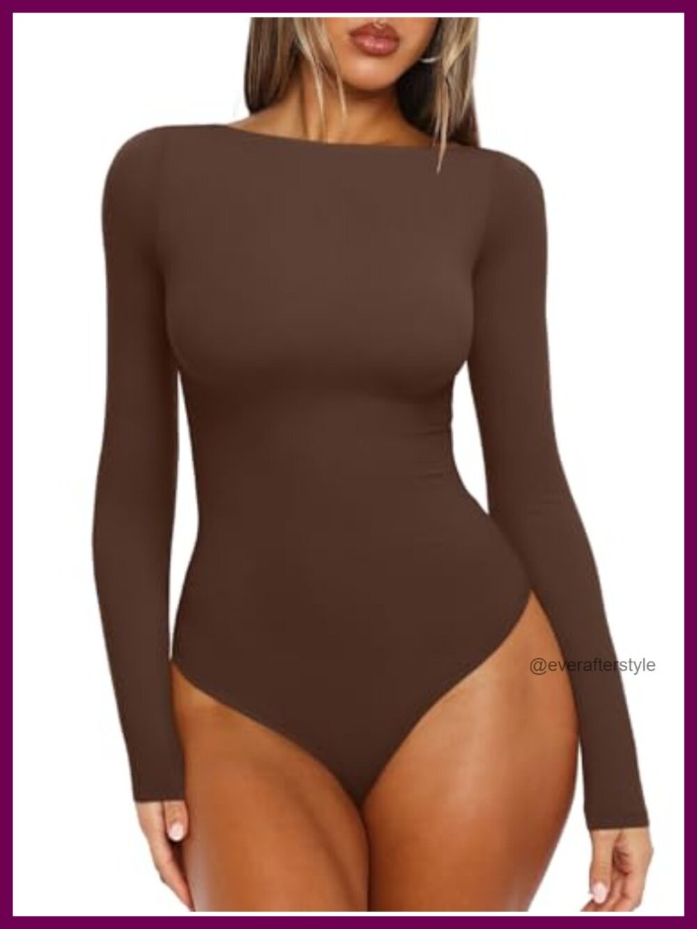 Boat Neck Long Sleeve Thong Bodysuit Top Snap Crotch Layering Basic
